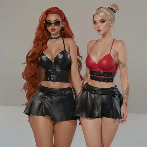 two women in leather skirts and bras standing next to each other, a sheep, streetwear bra and shorts, various costumes, inspired by Rowena Meeks Abdy, tumblr, Second life, Inspired by Wang Duo, keyed up, only black and red!!!, tanned skin, wearing leather ...