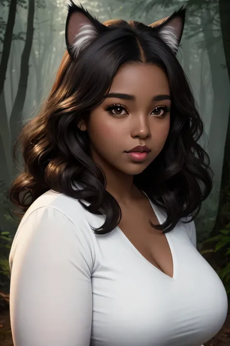 illustration semi-realistic of dark brown skin latina girl, 25 year old, plus size, curvy, overweight, black eyes, black curly hair, big lips, anime, sleek design, cat ears, brown skin, dark skin, sideswept hairstyle, round face, fantasy clothing, forest b...