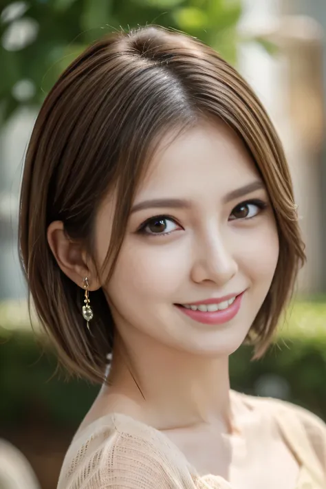 light brown hair, very short hair, widows peak, tareme, amber eyes, heart earrings, grin, depth of field, first-person view, uhd, anatomically correct, textured skin, super detail, best quality、Close-up of face、