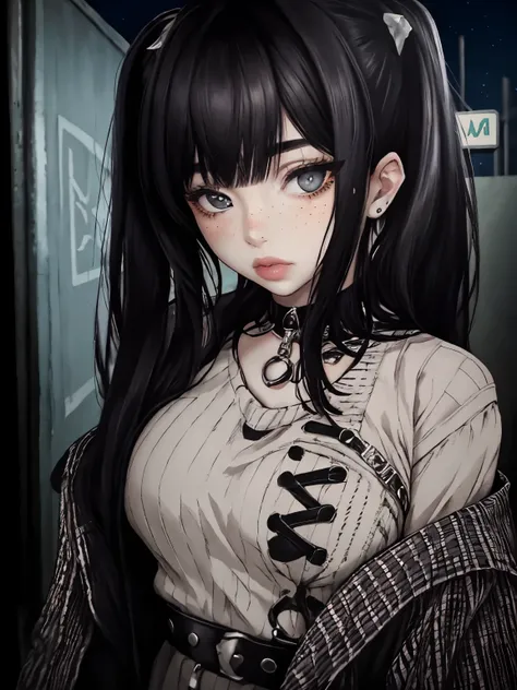 masterpiece, best quality,realistic,absurdres,1girl,looking at viewer,egirl_face, egirl_outfit, night, street, blush, freckles, black hair, portrait, pigtails, pale skin