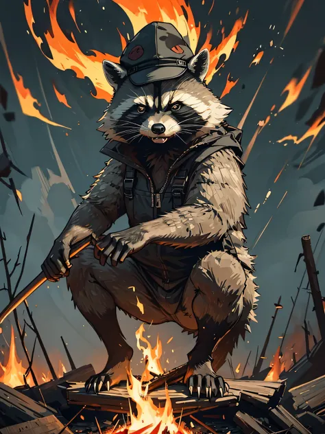 rage racoon illustration, angry face, campfire, wearing black bicycle cap, full body shot, 8k, hi-res, ultrasharp