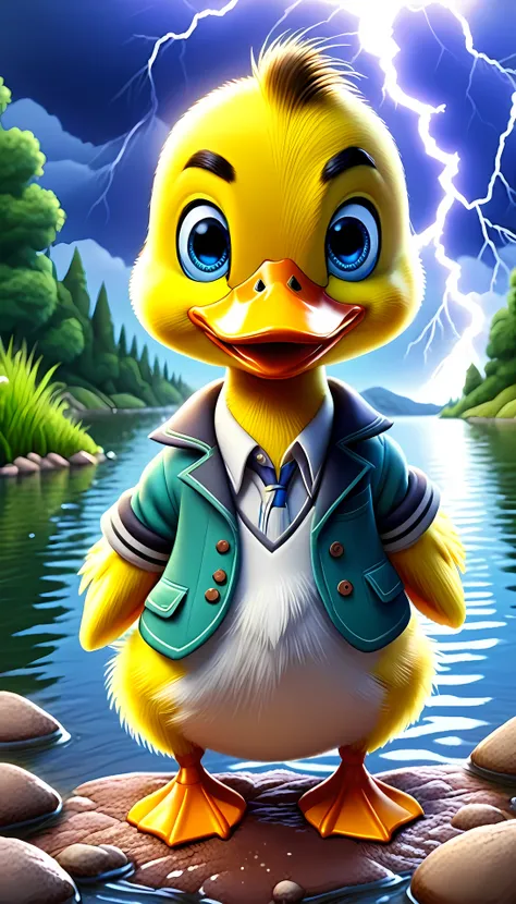 cute male duck, cartoon , arms, hands ,cute eyes, looking at viewer, clothes, lake, lightning, tiny duck
