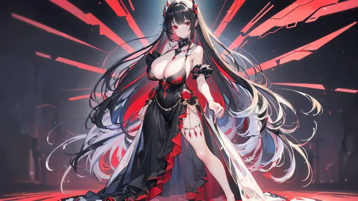 Exquisite eyes),(Clear and beautiful eyes:1.61),masterpiece, 1 young girl,(Black clothes and some red gems), Black long hair, (She has a huge red gem on her chest), Good Hand,((The Havoc of StarCraft)),full-body shot,Fighting Stance,(Red Eyes:1.466)，short ...