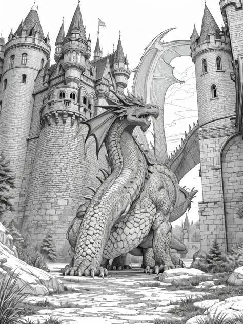 coloring page with huge dragon and castles