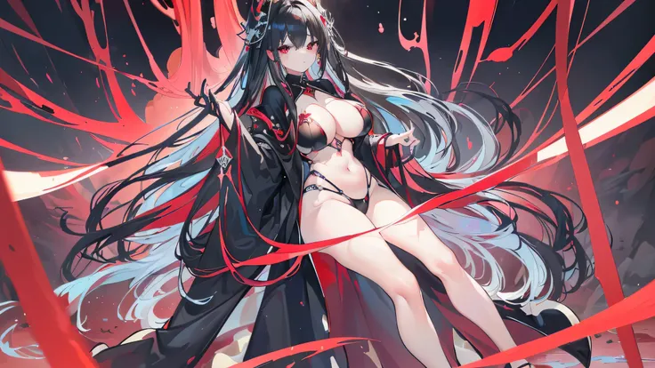 Exquisite eyes),(Clear and beautiful eyes:1.61),masterpiece, 1 young girl,(Black clothes and some red gems), Black long hair, (She has a huge red gem on her chest), Good Hand,((The Havoc of StarCraft)),full-body shot,Fighting Stance,(Red Eyes:1.466)，short ...