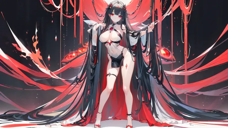 Exquisite eyes),(Clear and beautiful eyes:1.61),masterpiece, 1 young girl,(Black clothes and some red gems), Black long hair, (She has a huge red gem on her chest), Good Hand,((The Havoc of StarCraft)),full-body shot,Fighting Stance,(Red Eyes:1.466)，short ...