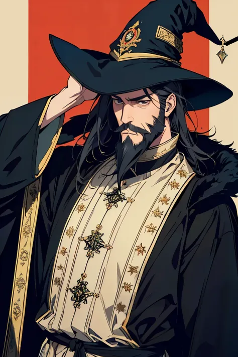 Anime-style, 48 year old tall man, flat hair, logos and black, wizard hat, long black beard. black wizard outfit.