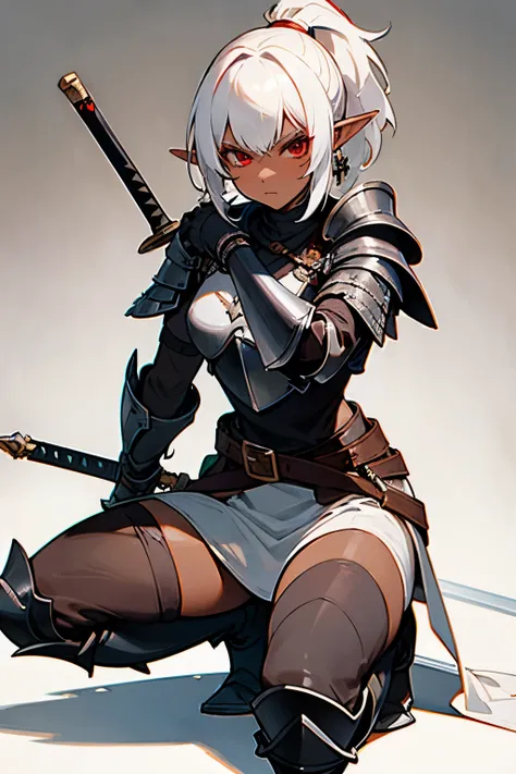 1girl, solo, looking at viewer, bangs, red eyes, closed mouth, ponytail, weapon, white hair, boots, pointy ears, belt, sword, dark skin, medium hair, armor, dark-skinned female, squatting, elf, shoulder armor, gauntlets, sheath, pauldrons, sheathed, breast...