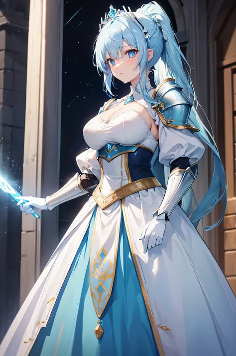 4K,High resolution,One Woman,Light blue hair,Long Ponytail,Big Breasts,Princess Knight,Light blue dress,White knight armor,Full Armor,White gloves,Princess Tiara,Jewelry decoration,Medieval town