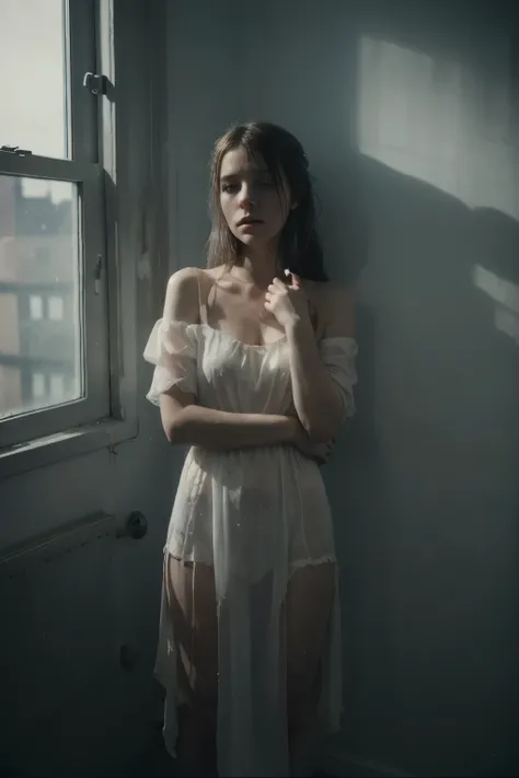 woman in a white dress standing in a room with a window., inspired by Elsa Bleda, by Elsa Bleda, by Johanna Marie Fosie, inspired by Katia Chausheva, pale young ghost, tattered dress, A portrait of a suicidal girl, covered in cobwebs and dust, inspired by ...