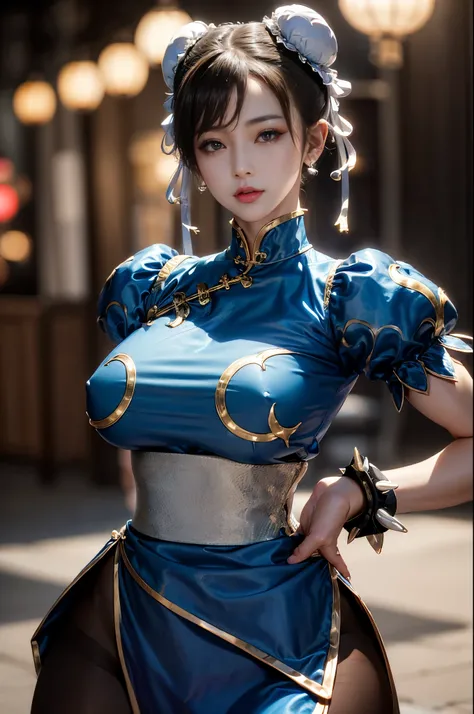 《Street Fight II》Chun-Li,Perfect Chun-Li Costume,Blue Chinese Dress with Gold Lines,Bun head,Good cover,Fighting Stance,masterpiece、1 beautiful girl、Beautiful eyes、Puffy eyes、best quality, 超high resolution, (Reality: 1.4), Cinema Lighting、Japanese、Asian Be...