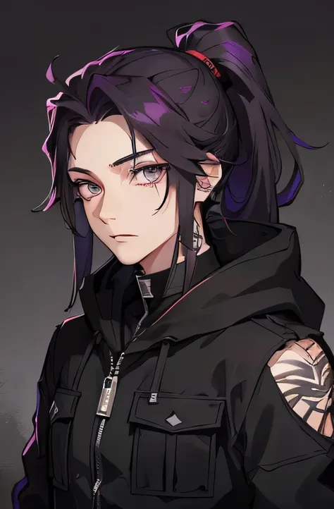 male, man looking, handsome, tall, solo, black cargo pants, black combat boots, black hoodie, half black half purple hair, ponyt...