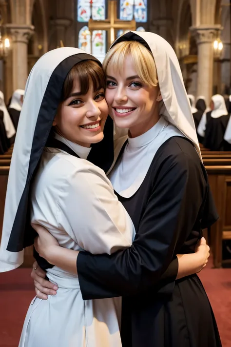 Two mature beautiful italian women、Blonde Hair、With bangs、Smiling with teeth showing、Huge saggy breasts、Plump body、Monastic uniform、Nuns、They are hugging each other、In the church