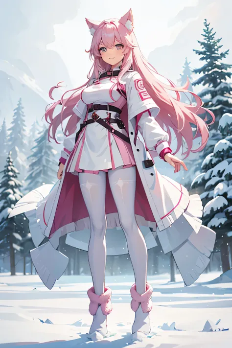 wolf girl, pink hair, light blue eyes, short fluffy boots with toes showing, full body, long wavy hair, gentle smile, medium breasts, pantyhose, adventurer white leather jacket, short-medium length skirt, standing up normally in a snowy field