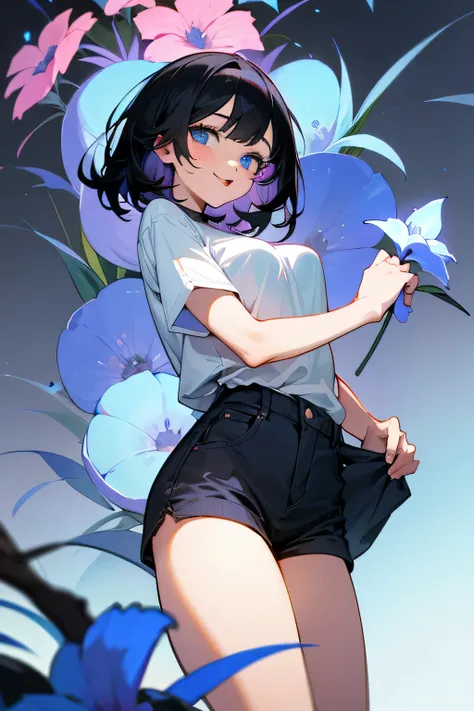 somewhat short black hair, blue eyes, beautiful girl, casual clothes, surrounded by flowers, sticking out tongue