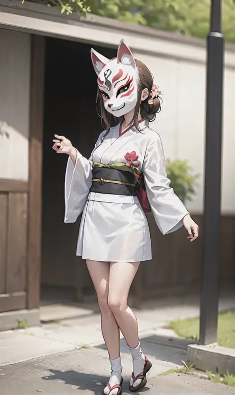 (Fox mask A person wearing a fox mask on their face), Light brown hair,Braiding,Wearing a white kimono decorated with cherry blossoms, (White mini skirt),beautiful flower々In the garden where flowers bloom, Long Hair, Dancing 