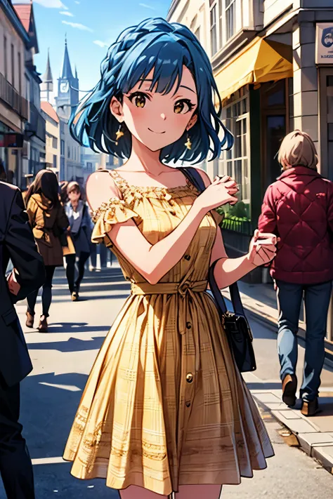 yuriko nanao (million live), 1 girl, Solo, Best Quality, masterpiece, 8K, High resolution, Ultra-detailed, madeon, smile, have fun, yellow dress, plaid dress, on the street, European town,