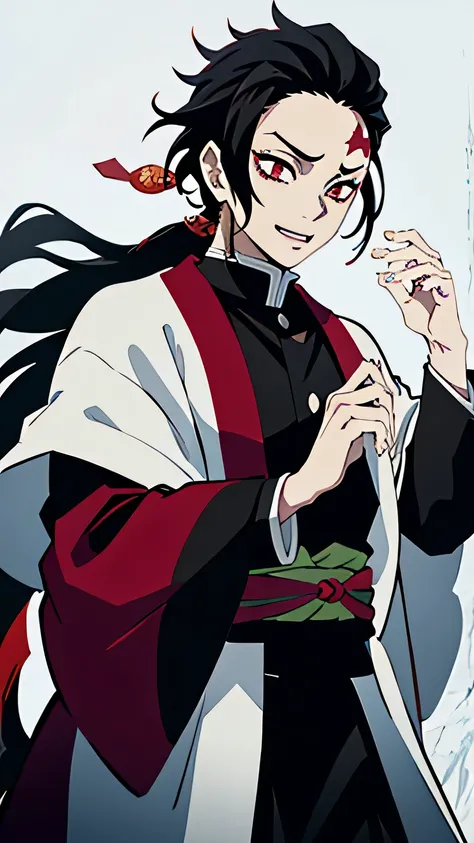 Kimetsu no Yaiba style, 1 mature, boy, black face markings, face tattoos, red eyes, a demon, handsome, medium hair, black hair, white hair with red tips, medium black hair, stylized hair, medium hair, excited expression, noble, upper moon Demon, holding an...