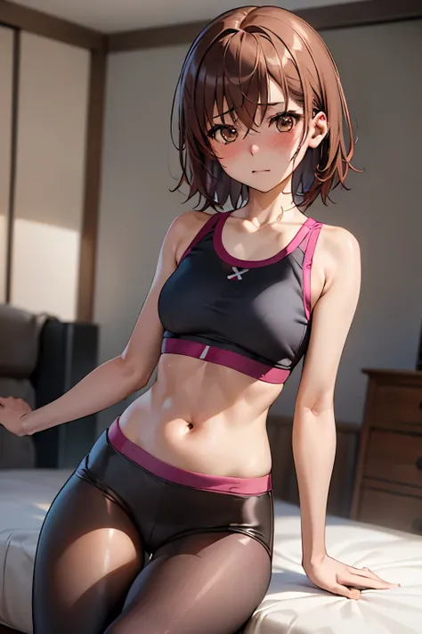 (Highest quality:1.1), (masterpiece:1.4), (Absurd:1.0), 
One Girl, Mikoto Mikasa、Brown Hair、Medium chest、Looking at the audience、Bedroom、(blush:1.2)、Embarrassed expression、((Short leggings))、((Sports Bra))、(Thigh-high socks)、