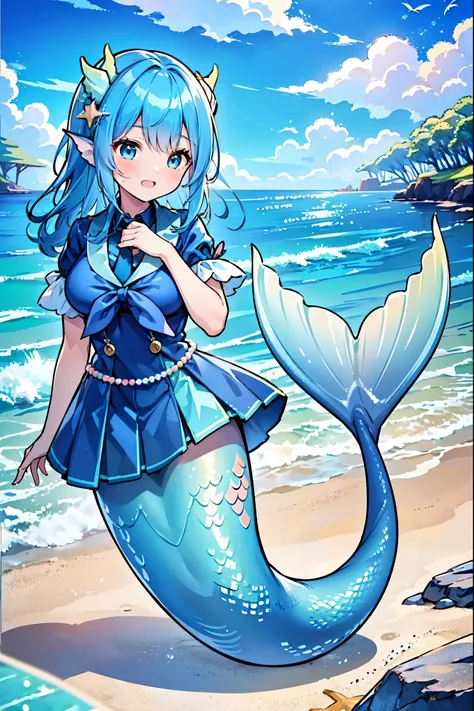 masterpiece, best quality,(full fingers),a woman,mermaid,large breasts,head fin,blue shirt,blue skirt,藍色的mermaid尾巴,full-body sho...