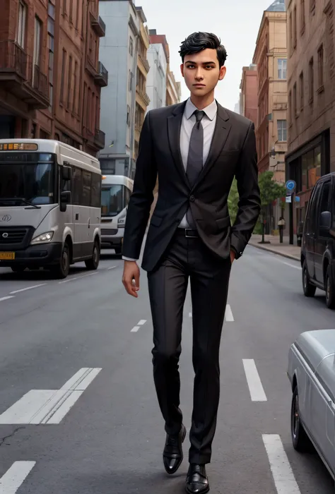 a businessman walking on the city road , black short hair , whole body , skinny