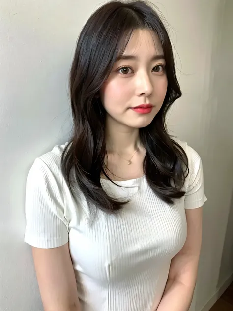 Short sleeve shirt、４０A slightly overweight Japanese woman in her twenties、(White wall in the background、Gray Hair)、profile、Photographed in front of a white wall、Layered Cut、Very delicate hair、(In a room with white walls and windows)、((Highest quality、8k、ma...