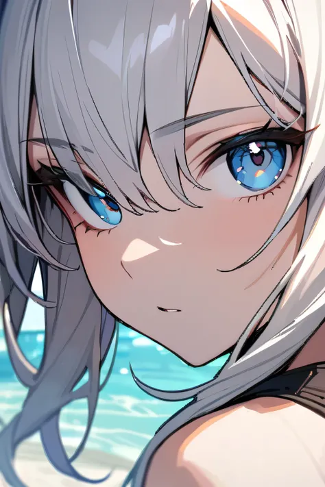 Masterpiece, Best quality, Beautiful girl, Beautiful face, Close-up of face, White hair, Beautiful eyes, Blue eyes, Swimsuit,