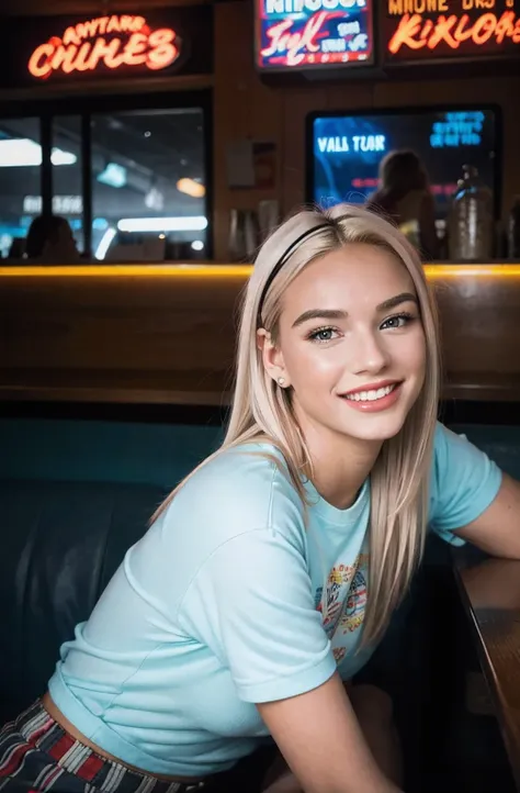 a young woman with blonde hair, smiling, happy, wearing a nice shirt, tattoos on her arms, sitting in a 1950s diner, street phot...