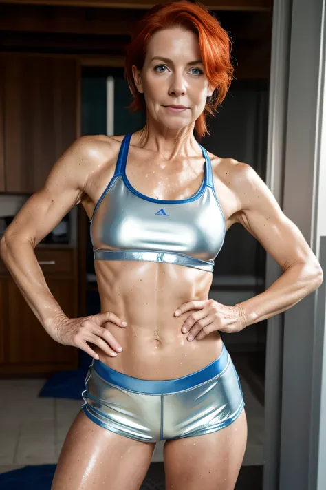 Masterpiece, 56 year old girl, metallic blue sports bra, metallic blue short shorts, booty shorts, wet skin, red hair, freckles, facing the camera, standing, strong