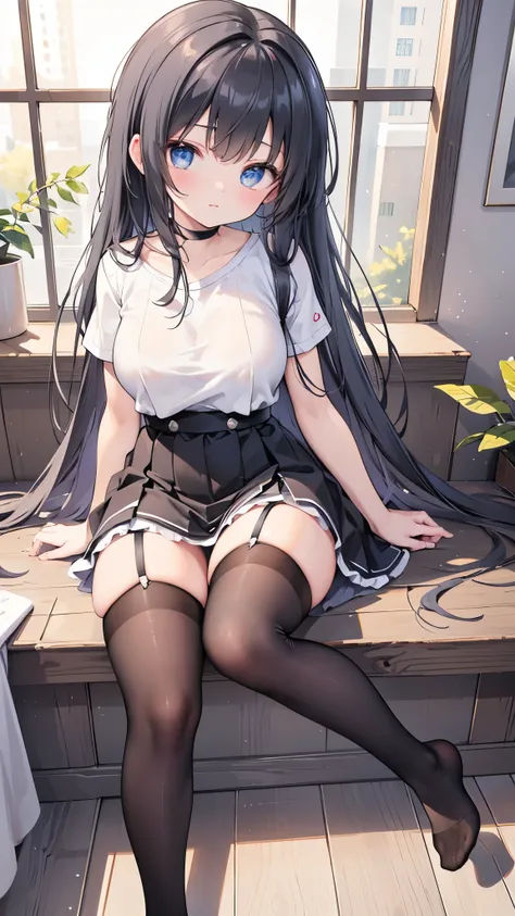 (masterpiece、Highest quality)、High resolution、Detailed face:1.2、anime(1.2)、Sharpness、4K、Private room、Top view、Looking up、A sly pose、Bending pose、15 years old、Two-dimensional beautiful girl、White T-shirt、Black thigh-high stockings、garter belt、Black ultra mi...