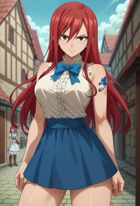 score_9, score_8_up, score_7_up, 1girl, solo, erza scarlet, long hair, red hair, hair between eyes, brown eyes, skirt, shirt, bo...