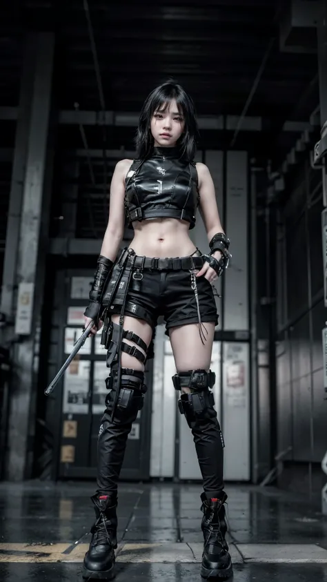 ((best quality)), ((masterpiece)), (highly detailed:1.3), 3d, beautiful (cyberpunk:1.3) street samurai woman with thick shapeles...