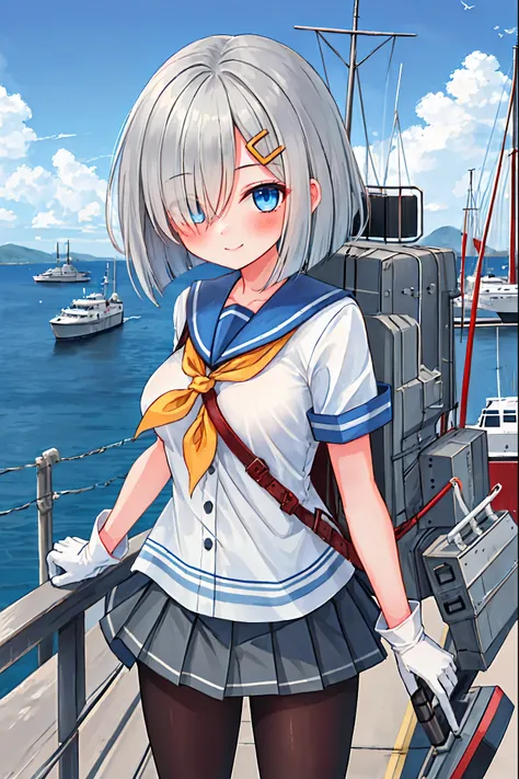 best quality, masterpiece, highres, solo, {hamakaze_kantaicollection:0.90}, 1girl, black_pantyhose, pleated_skirt, serafuku, short_sleeves, simple_background, white_background, yellow_neckerchief, white_gloves, looking_at_viewer, grey_skirt, blush, eyes_vi...