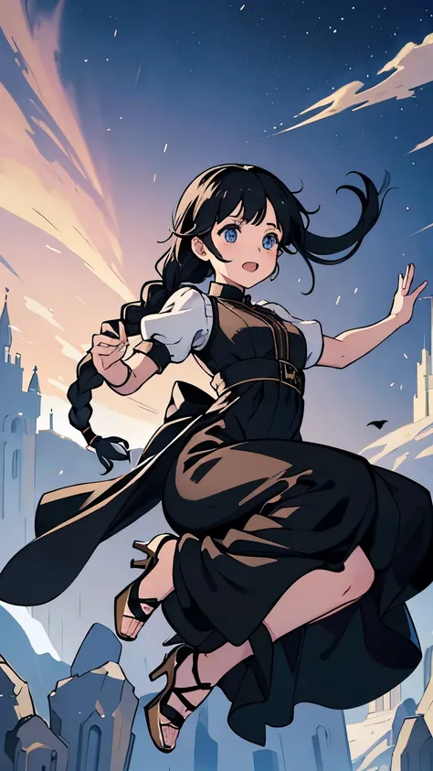 Black braid hair,Falling from the sky,Princess,Jump,dress,High heels