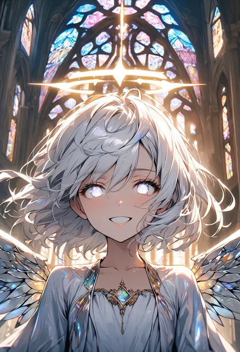 solo, female, close up, summer, short hair, hair blown up by the wind, iridescent eyes, church, stained glass, huge wings, iridescent wings, flat chest, angel, iridescent hair, wide smile, day, magic, gold, jewelry, holy aura, silver hair, floating, silver...