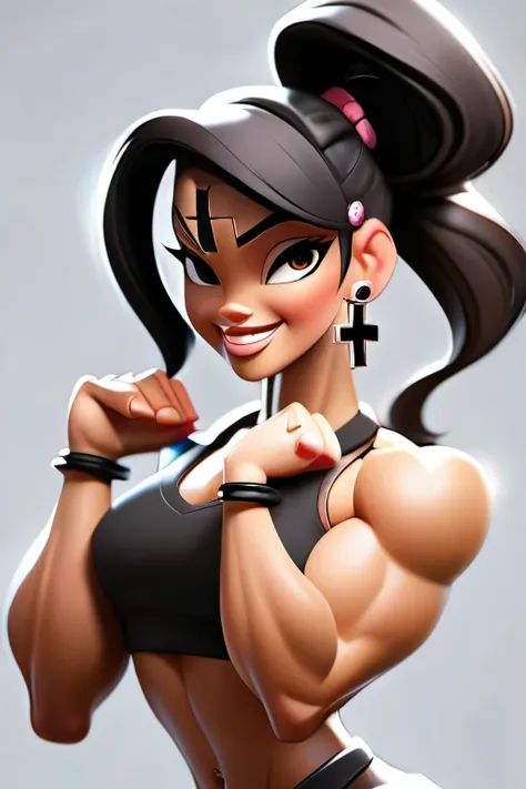 Bodybuilder with long hair tied in a black ponytail, straight bangs on the forehead, smile on your face and arm raised to show strength, navel piercing and necklace with small cross pendant.