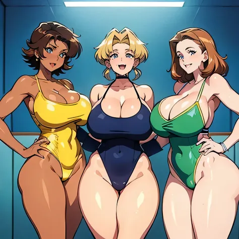 best quality, 4k, masterpiece, ultra-detailed, studio lighting, cheerful, vibrant expression, ((sexy milf trio lined up)), gigantic breasts, cleavage of the breast, a blond, teats, thighs thighs thighs thighs, racing swimsuit, very small swimsuit, swimsuit...