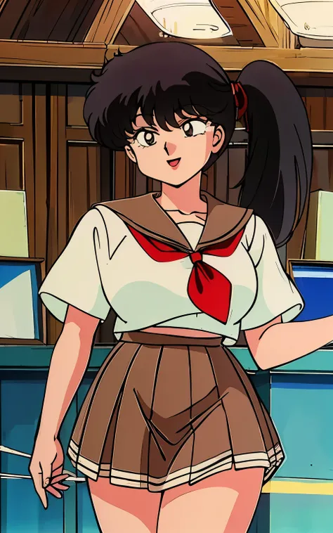 (((masterpiece, Highest quality, case)))), High resolution、8k、1990s、1 girl,alone, kodachi kuno (16 years old, Black hair side ponytail Japanese school attire(( cream colored sailor suit,Brown collar、Brown pleated skirt,Alloy white T-shaped, Socks skin colo...
