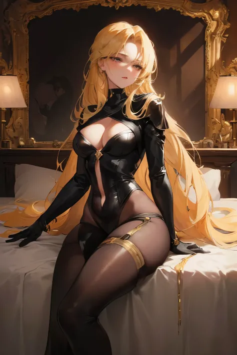 In the depths of a chiaroscuro-lit room, a blonde maiden lies in slumber, her very long flowing hair cascading like a golden waterfall on the dark bedsheets. Her fair skin, smoothly rendered in 32K UHD resolution, is imbued with a warmth that seems to eman...