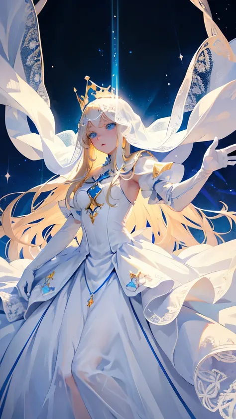 , blue eyes, white translucent lace veil, elbow gloves, white gloves, white ballgown, puff sleeves, cross details, hands outstretched, long blonde hair, altar, holy aura, blue cape, gold embroidery, white crown, casting magic, glowing aura, white robe, whi...