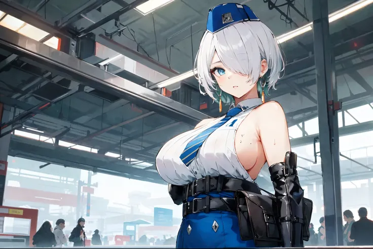 (masterpiece, best quality, ultra detailed, absurdres:1.5), 1girl, (sexy, beautiful woman, perfect face, perfect eyes, perfect female body, large breasts:1.5), (nikkebrid, white hair, low ponytail, hair over one eye, earrings, garrison cap, sleeveless shir...