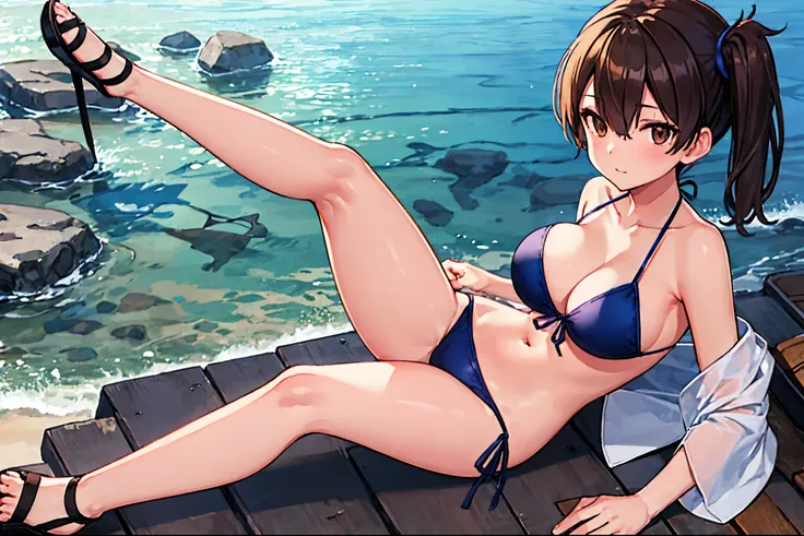 Beautiful illustration、top-quality、Kaga_kantaicollection
brown_hair, Side_Ponytail, brown_Eyes, Short_hair, (big_breasts:1.5) long_hair、Blue Bikini、 coast_landscape,(abs:0.5),navel,solo,(light_smile:0.6),(solo:1.5)。sandals,