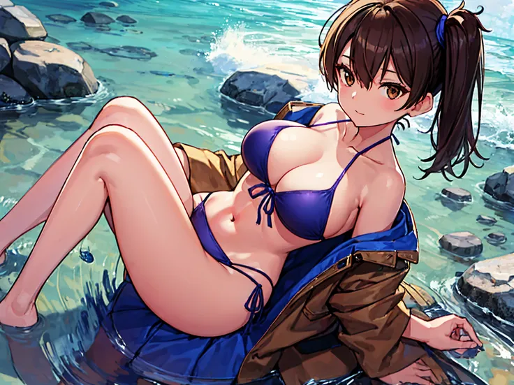 Beautiful illustration、top-quality、Kaga_kantaicollection
brown_hair, Side_Ponytail, brown_Eyes, Short_hair, (big_breasts:1.5) long_hair、Blue Bikini、 coast_landscape,(abs:0.5),navel,solo,(light_smile:0.6),(solo:1.5)