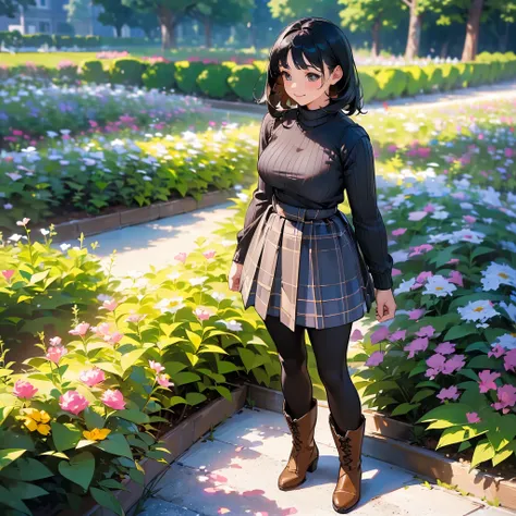 (high quality, High resolution, Super detailed, Realistic:1.37), Peaceful atmosphere, (Outdoor, garden), Teenage girl standing alone, (my breasts are big.), Beautifully detailed features, Cute Smile, (Black bob hair), Ribbed sweater, Blue plaid skirt, blac...