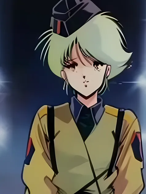 masterpiece,high resolution,Anime-like,MZ1TokimatsuriEve,1girl,red hair,short hair,yellow eyes,retro artstyle,1980s (style), military uniform,military_hat,Top quality anime illustrationegaZone23,EVE,The main character is a girl with long yellow-green hair....