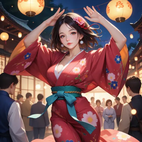 score_9, score_8_up, score_7_up, score_6_up, score_5_up, score_4_up, best quality, masterpiece, (detailed eye), 1girl, Japanese girl, BREAK
Brown eyes, Bon dance, dancing with hands raised lightly, yukata, uchiwa, night, large square, circle formed by peop...