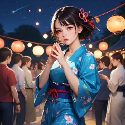 score_9, score_8_up, score_7_up, score_6_up, score_5_up, score_4_up, best quality, masterpiece, (detailed eye), 1girl, Japanese girl, BREAK
Brown eyes, Bon dance, dancing with hands raised lightly, yukata, uchiwa, night, large square, circle formed by peop...