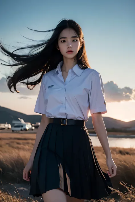 (photorealistic:1.4),Best quality, masterpiece, ultra high res, raw photo,soft light,(cowboy shot),blue sky,movie poster
1girl,(mathayom uniform),white shirt short sleeves,(black pleated long skirt:1.2),long hair,hair_floating,dramatic scene
 