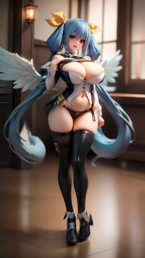 blue hair,red eyes,twintail,yellow hair ribbon,open mouth,huge breasts,,blush,,,solo,full body,from front,standing,navel,stomach,,wings,black thighhigh,,thigh strap,tall,Feathered wings,professional light,long tail,huge tail,tail ribbon,smile ,