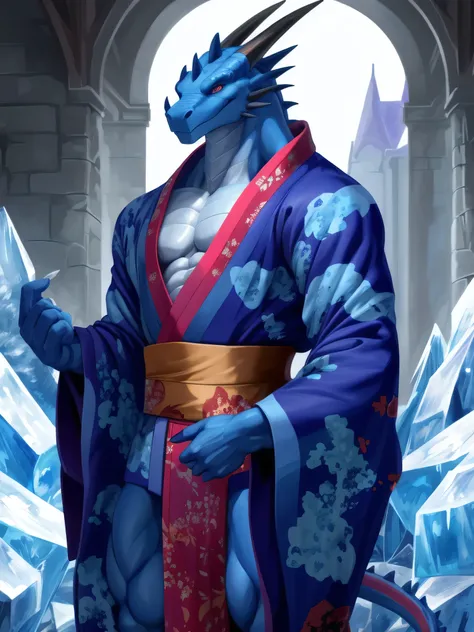 Masterpiece, High quality, Ridiculous resolution, Digital Painting (work of art), alone, (Kimono:1.4), Male Anthro Dragon, blue body, White belly, ice, smile, Medieval dress, Detailed background, anime, (dark shadow, Wide dynamic range, HDR, muscle, sixpac...